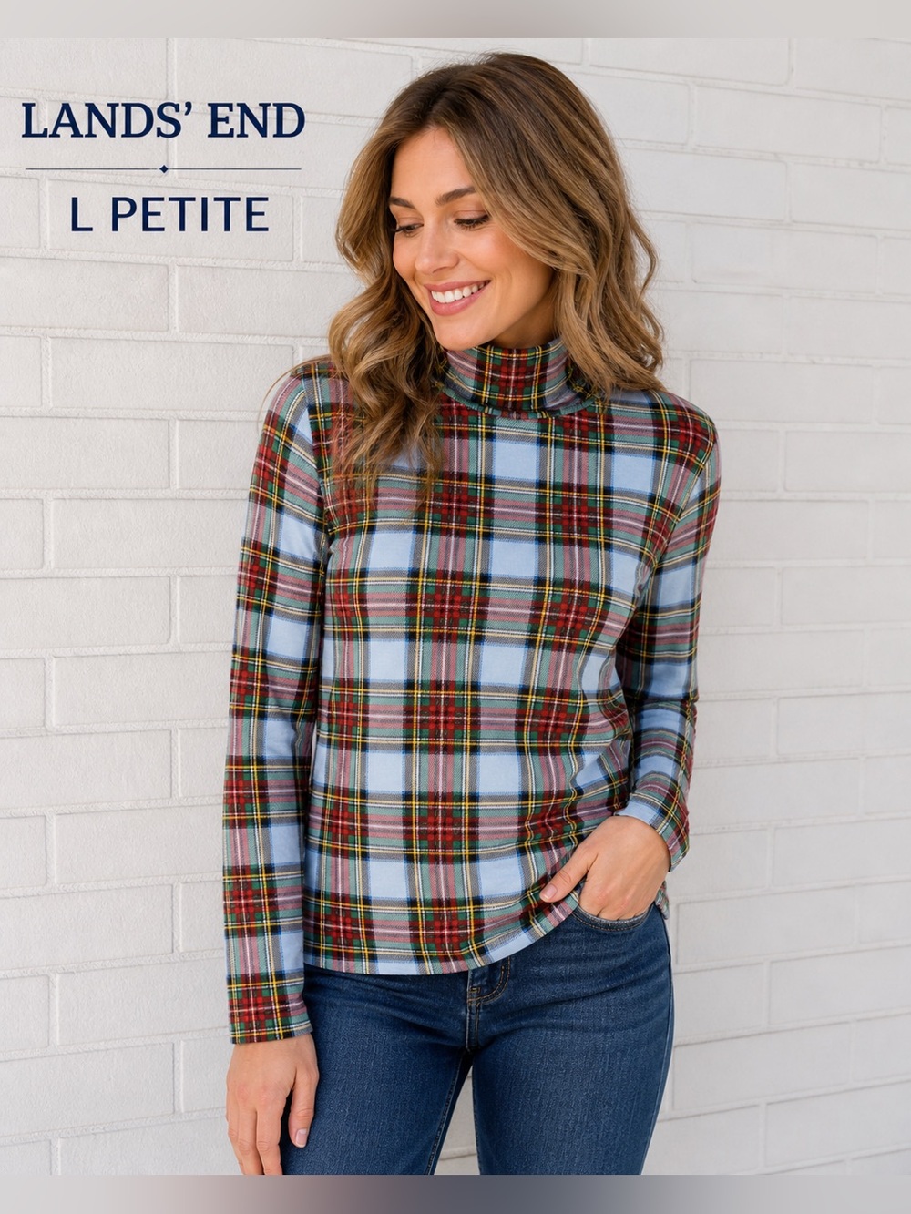 Lands’ End Plaid Turtleneck Top Size L Petite Blue Red Green Stretch